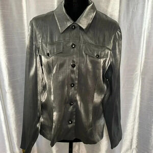 D.J. Summers Women’s Metallic Gray Shiny Button Up Long Sleeve Blouse